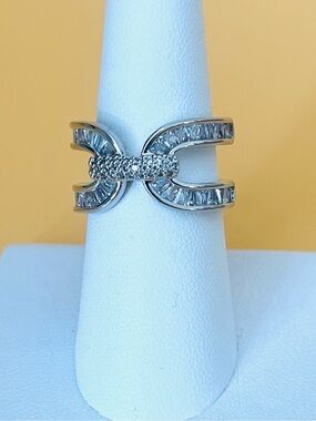 Silver plated adjustable ring paved clear CZ